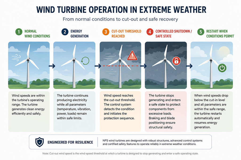 Wind turbine operation in extreme weather from normal conditions to cut-out and safe restart