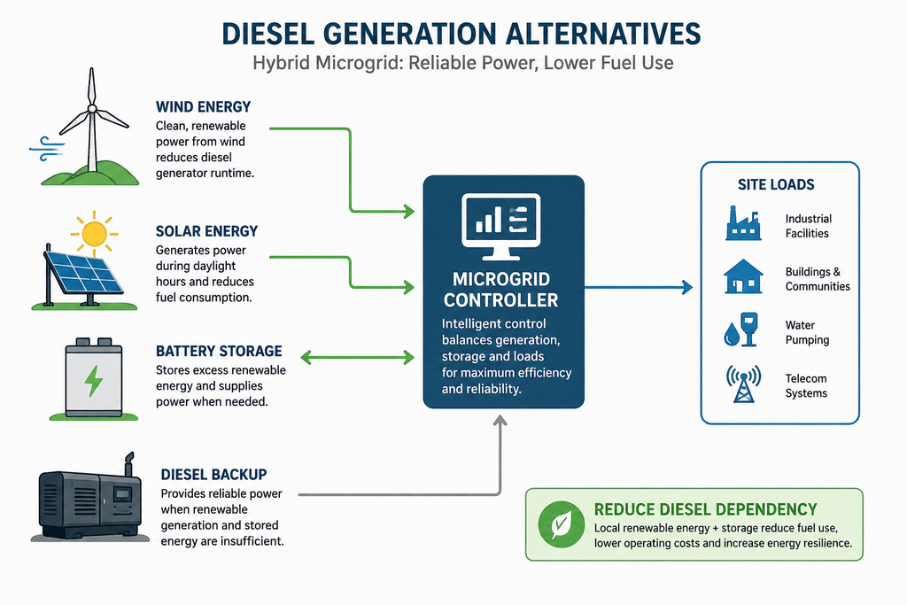Diesel generation alternatives in a wind solar battery hybrid microgrid