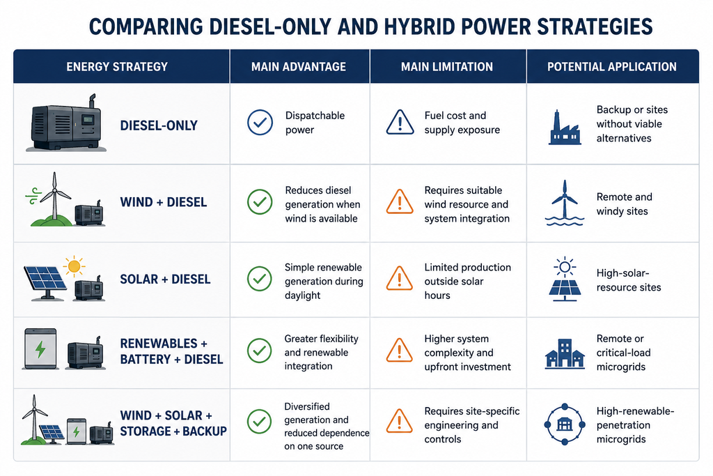 Diesel generation alternatives and hybrid power strategies comparison