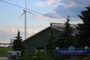 Renewable energy farm with Northern Power wind turbine at Blue Spruce Farm