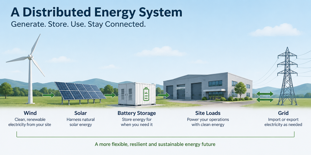 Distributed energy system with wind, solar, battery storage, site loads and grid connection