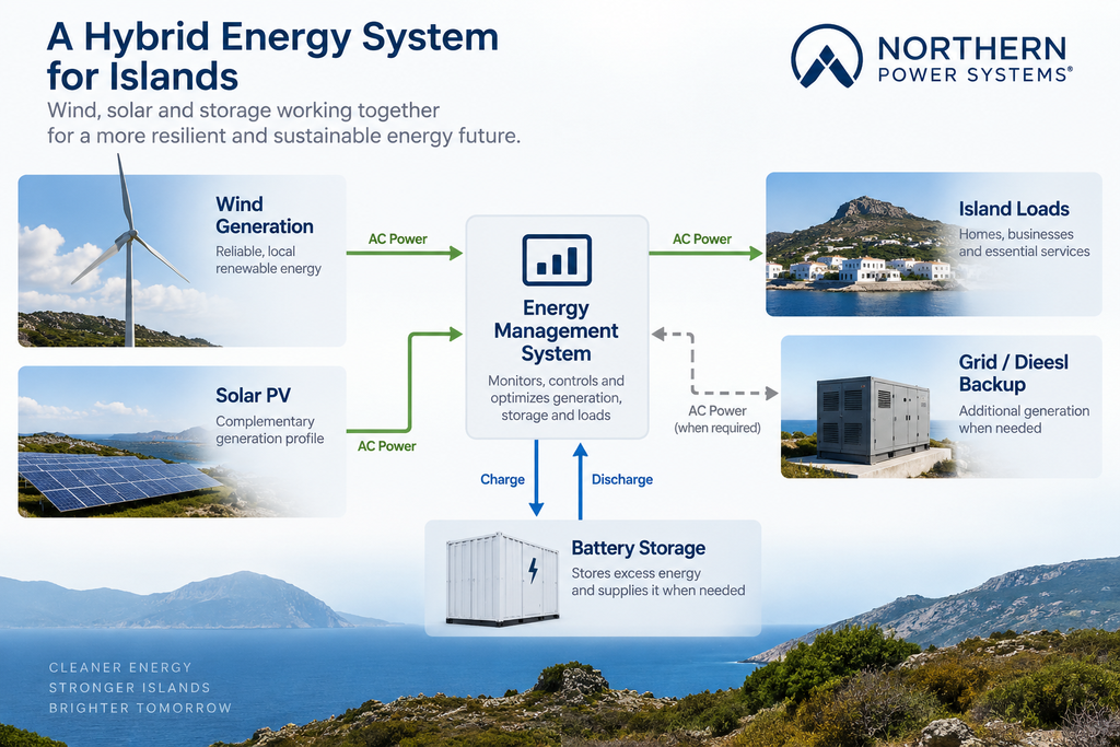 Hybrid island energy system integrating wind, solar and battery storage