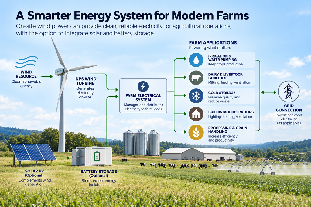 Wind energy for farms powering agricultural operations with solar and battery storage