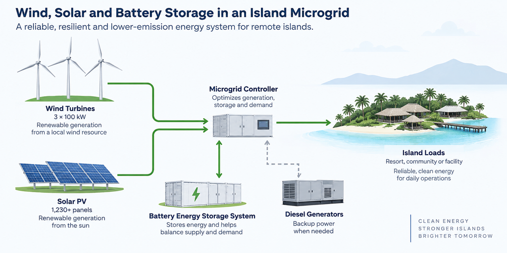 Wind solar battery island microgrid with diesel backup