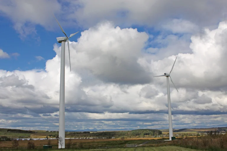 Wind turbines for farms at Blairmains Farm in Scotland